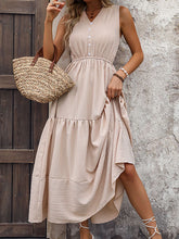A-line High Waisted Buttoned Elasticity Pleated Split-Joint V-neck Midi Dresses